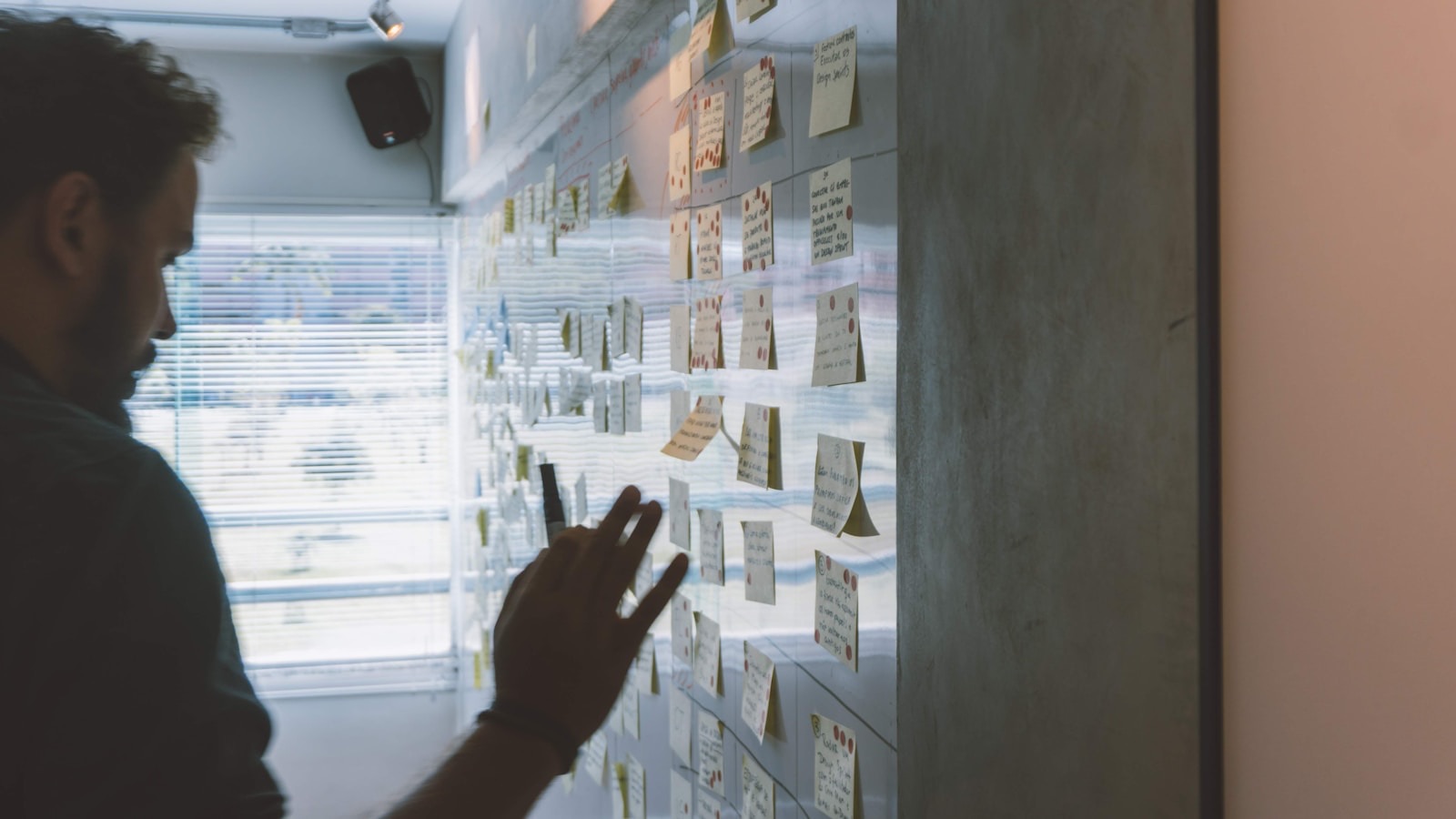 Person arranging sticky notes on a large workshop wall