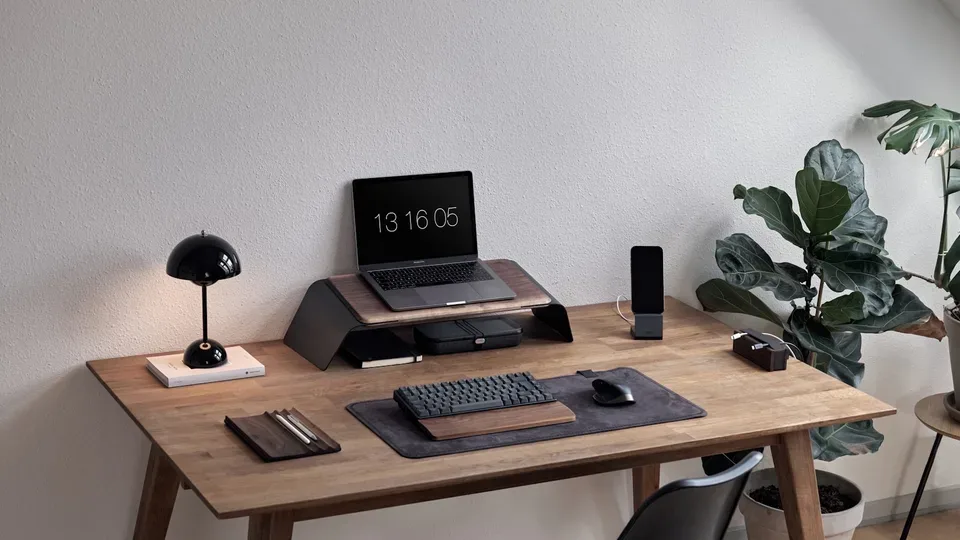 Aufgeräumter Arbeitsplatz mit Laptop, Bildschirm und Pflanze