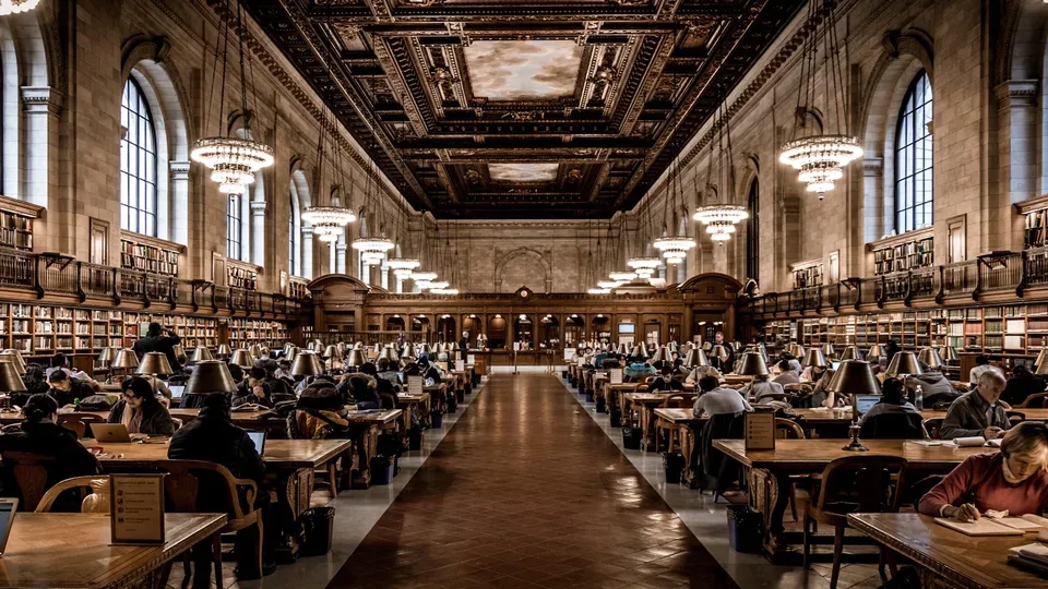 Großer öffentlicher Lesesaal mit langen Tischen und Bücherregalen