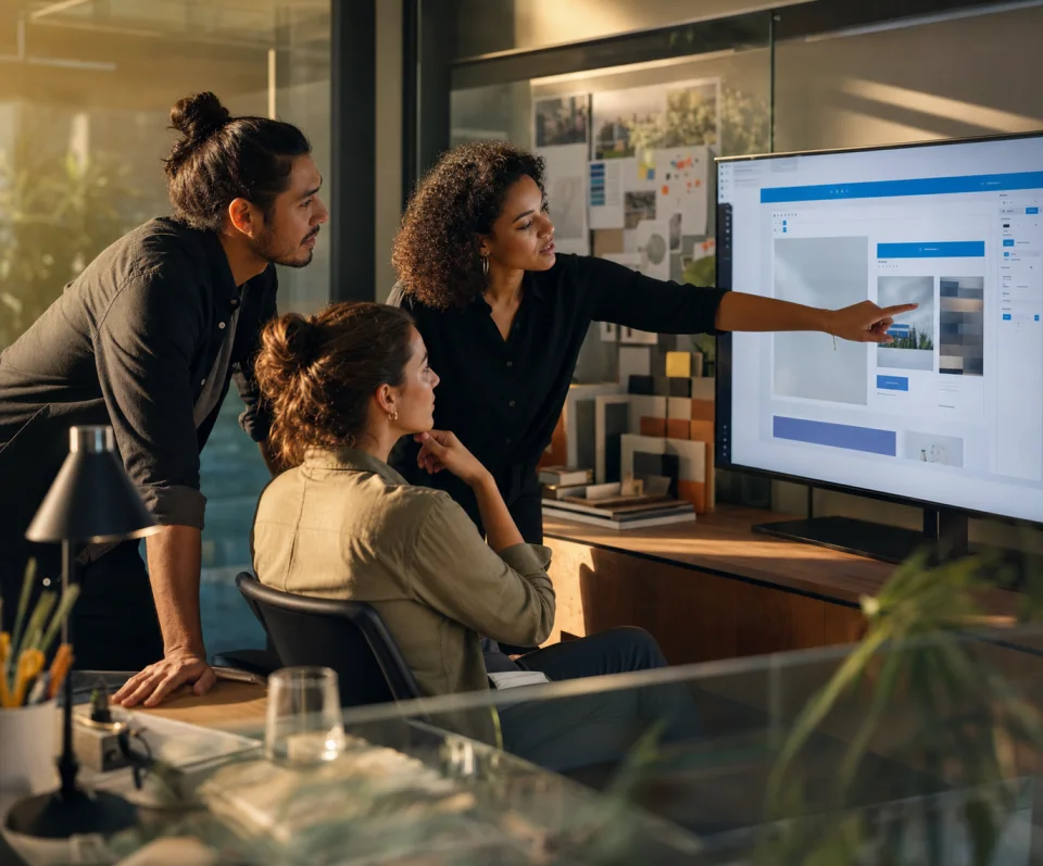 Three colleagues discuss a page in the Drupal backend together