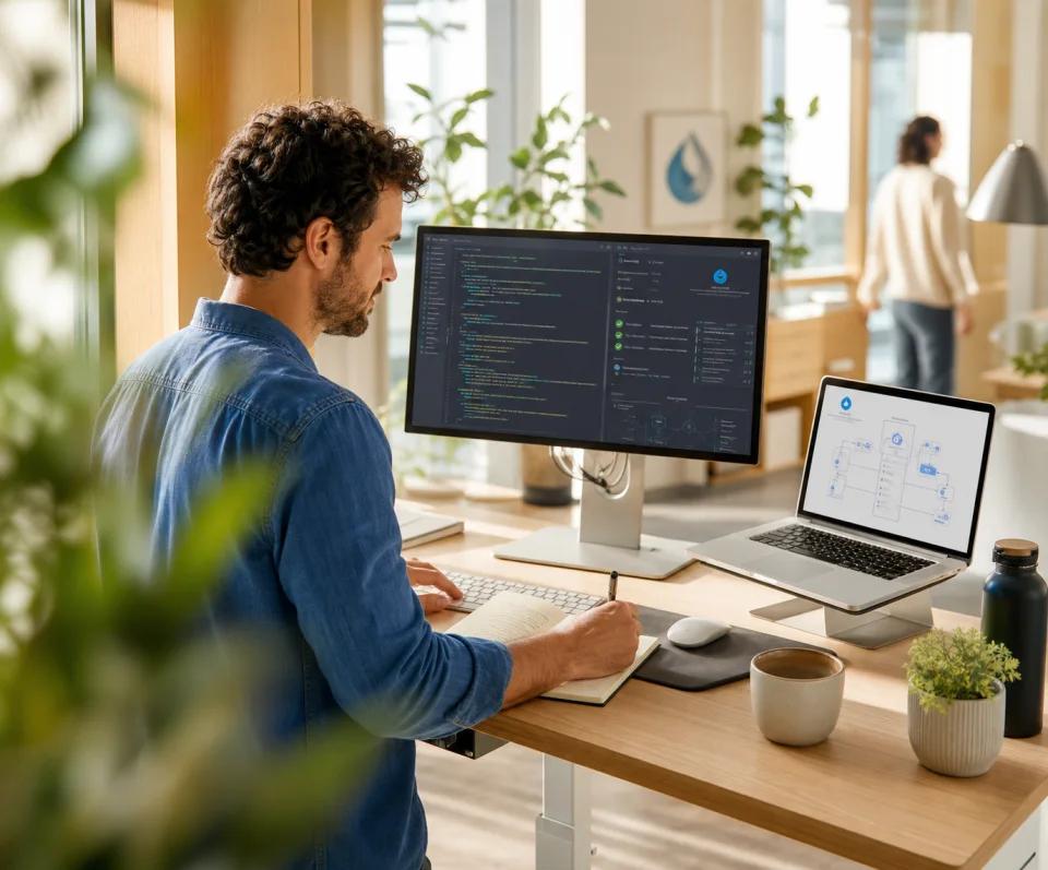 A developer checks Drupal configuration and system architecture in a bright office